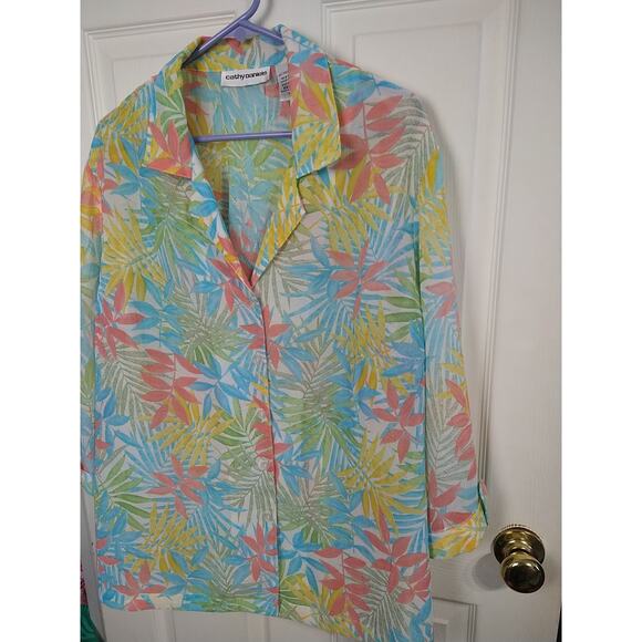 Cathy Daniels Woman 1X Semi Sheer V Neck Tropical Shirt 3/4 sleeve casual vaca - Picture 2 of 9